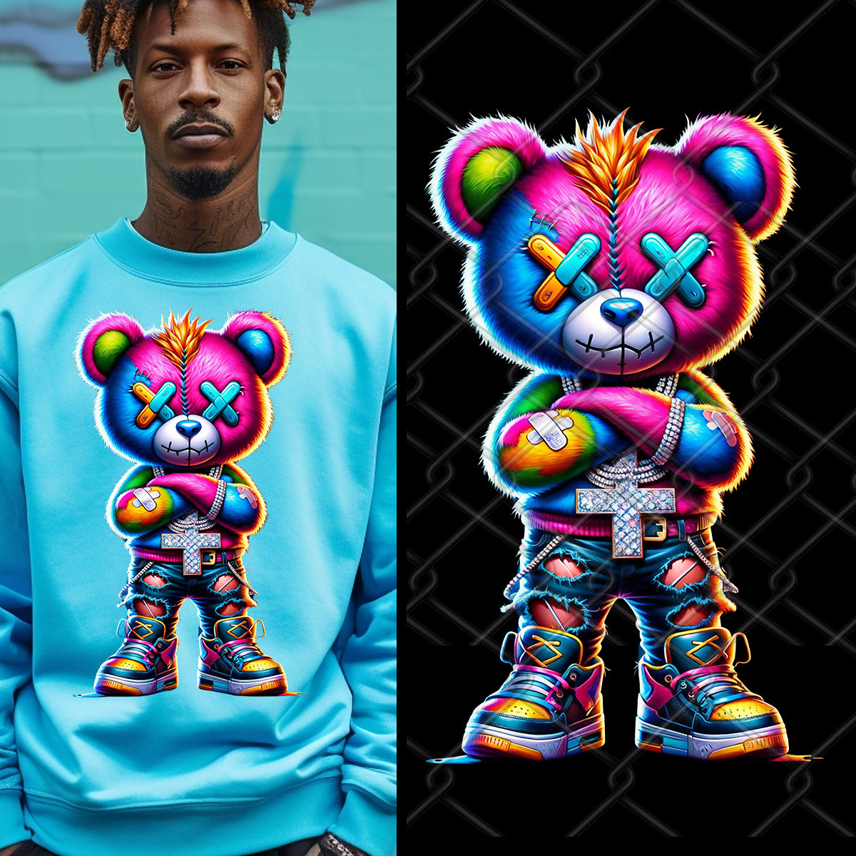 Neon Colorful Hip Hop Bear PNG