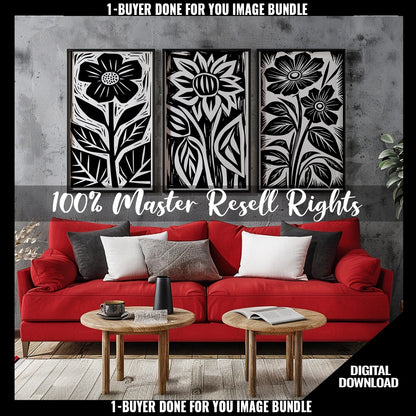 Grunge Flowers Boho Wall Art Design MRR PNG Bundle